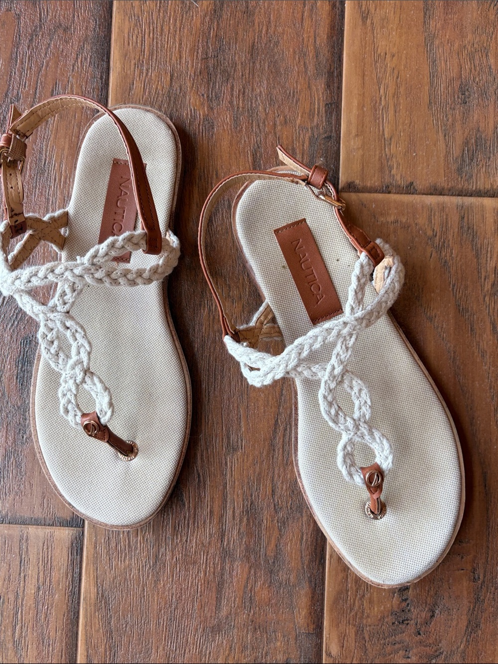 Nautica Women's Cream Braided Rope & Tan Leather Sandals - Size 7.5